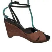 Donald Pliner Brown Linen Leather Platform Shoe New Wedge Ankle Wrap $235 NWT