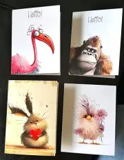 Set Of 4 Fun and Whimsical Animal Greeting Cards Set With Envelopes
