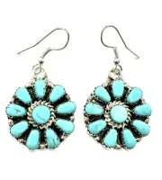 Navajo Handmade Turquoise Sterling Silver Cluster Hook Earrings-Juliana Benally