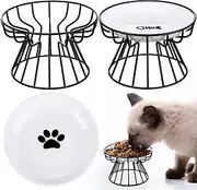 Rtteri 2 Pcs Elevated Cat Plate Set - Whisker Friendly Anti Vomit Cat Bowls with Metal Stand, Shallow Ceramic Raised Feeding Station(Black)
