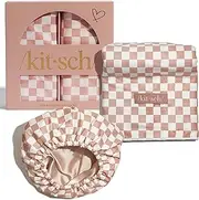 Kitsch Love & Comfort 2PC Spa Set - Satin Lined Reusable Waterproof Shower Cap and XL Quick Dry Hair Towel Wrap for Women, Microfiber Towel, Flexi Shower Cap For All Hair Types - Terracotta Checker