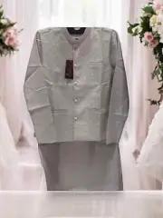 Traditional Gray Silk Kurta Set for Men with Pant and Coat - HT6423