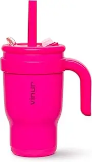 [VINUR] 14 oz Kids Tumbler with Handle Stainless Steel Double Wall Vacuum Insulated Tumbler Travel Water Cup with Lid and Straw(Rose Pink)