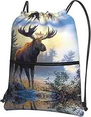 EdWal Fall Moose Deer Print Drawstring Backpack Gym Bags Sports Bags With Zipper Pocket For Travel Beach, Black, One Size