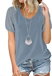 [MEROKEETY] Women's Summer Lace Short Sleeve V Neck Tops Shirt Loose Casual Waffle Tee Blouse