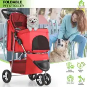 Red Folding Dog Cat Stroller Pet Carrier Cart w/Adjustable Canopy+Storage Basket