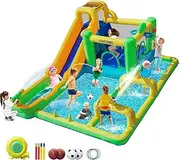 FINCOME Inflatable Bounce House Water Slide, 10 in 1 Bouncy House Water Park with Water Gun, Jumping, Climbing Wall, Basketball Hoop, 750W Blower for Backyard Outdoor Indoor