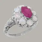 Solid 14k White Gold Natural Ruby & Opal Womens Cluster Ring - Sizes 4 to 12