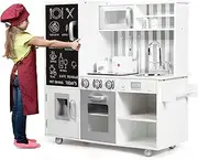HONEY JOY Kids Kitchen Playset, Wooden Pretend Play Kitchen with Blackboard, Accessory Utensils, Sink, Fridge, Water Dispenser, Children Kitchen Cooking Toy w/Real Lights & Sounds for 3+ Years, White