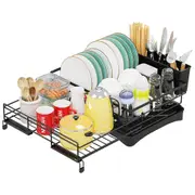 ACA Expandable Drain Drying Rack Kitchen Dish Bowl Plate Holder Dry Organiser Black