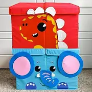 [QUOKKA] Set of 2 Toy Storage Box for Boys and Girls - 25x16x8 Toy Chest Organizers for Kids - | Collapsible | Handles | Flip-Top Lids | - Fabric Foldable Bin for Playroom - Elephant & Dino