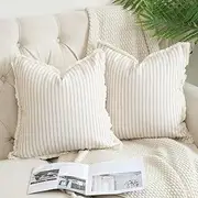 Hckot Throw Pillow Covers 18x18 Set of 2 Striped Pillow Covers with Fringe Chic Cotton Decorative Pillows Square Cushion Covers for Sofa Couch Bed Living Room Farmhouse Decor,Khaki, HKPW5501