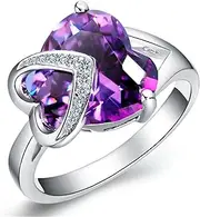 [Uloveido] Fashion Platinum Plated Love Heart Purple Cubic Zirconia Solitaire Accent Wedding Engagement Rings for Women J130(Available in Size 6 7 8 9)