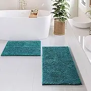 Hearth & Harbor Bathroom Rugs Sets 2 Piece, Chenille Bath Mat Set - Machine Washable Bath Mats for Bathroom Non-Slip Backing Rubber Quick Dry Bathroom Mat - Teal Bath Rug, 17x24-20x32