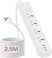 Power Board with USB, 2500W Power Strip with 4 AC Outlets and 3USB(5V 2A), Surge Protection Powerboard with 2.9M Extension Power Cord for Travel Home Office Accessories (4AC White)