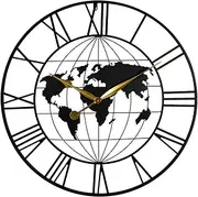 75cm Large World Map Wall Clock, Round Silent Non-Ticking Battery Operated, Large Roman Numeral, Decorative Metal Frame, Easy to Read, Decor for Living Room, Office, Bedroom and Kitchen