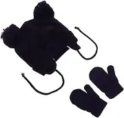 [CATIEBYE] 1set Fluffy Knit Beanie Hat Mittens for Toddlers Soft Warm Earflaps Boys Girls Comfortable Insulating Polyacrylonitrile Fits Dark Blue
