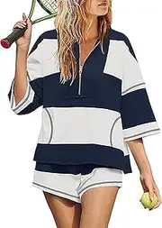[Generic] Womens 2 Piece Outfits Summer Striped Workout Set Oversized Matching Lounge Sets Quarter Zip Shirt and Shorts