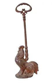 Mr Gecko Cast Iron Hand Made Doorstop Rooster Chook W/ Long Handle Antique Rust