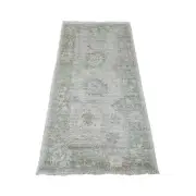 2'10"x5'9" White Hand Knotted Angora Oushak Leaf Design Wool Runner Rug G20308