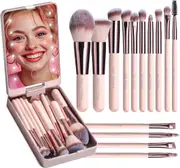 Travel Makeup Brush Set ,Foundation Powder Concealers Eye Shadows 14 Pcs Mini Makeup Set with LED light Mirror for gift