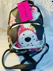 Betsy Johnson-SMALL (10.5" L) BACKPACK/PURSE-Black W/ Puppy Face & Flowers-NWT