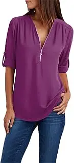 [Suhorseful] Womens Half Zip Up Shirts Chiffon Casual Long Sleeve Solid Color Blouses Office Work Golf Polo Tshirt, Purple, 3X-Large