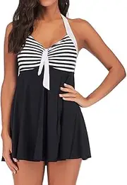 [Tomppy] Women Plus Size Swimsuits Tankini Swimwear Sleeveless Halter Stripe Swimdress + Boyshorts Beach Bathing Suits, Black, 3X-Large