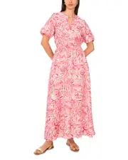 Vince Camuto Printed Split Neck Puff Sleeve Dress