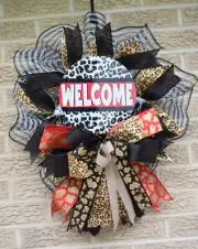 Leopard Cheetah Print Welcome Wreath Door Wall Decor Ribbon Mesh