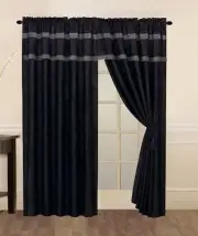 Black & Grey Micro Suede Window Curtain / Drape Set with Valance & Sheer Lining
