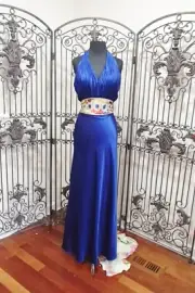 BD174 CASSANDRA STONE SZ 10 HALTER BLUE PRINT PROM PARTY FORMAL DRESS GOWN