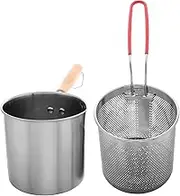 DONFAMDS Oil Heating Pot Wood Handle Stainless Steel Strainer Deep Frying Pan Multi-Function Frying Net Tank