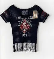 Affliction AC/DC Top Shirt Acid Wash Fringe Black Graphic Short Sleeve Sz S