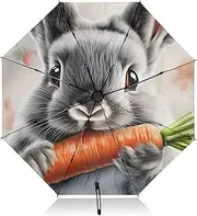 [PDZRMY] UV Protection Travel Umbrella Rabbit Carrot Cute Compact for Rain and Sun - Auto Open and Close UPF 50+ Windproof Portable 46” Sun Umbrella for Women and Men