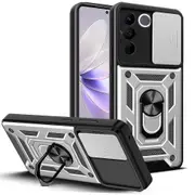 case For Vivo V27E Slide Camera Lens Protection and Built in 360 Rotatable Ring Holder - Silver