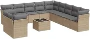 vidaxl Garden Sofa Set - 12-Piece Outdoor Patio sectional Set - Beige Poly Rattan with Light Grey Cushions - Modular Design with Storage and Tempered Glass Table - Weather-Resistant and UV-Resistant