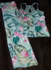 NWT In Bloom by Jonquil Celadon GREEN/PINK FLORAL Knit Pajama Set L LACE Trim