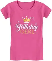 [Tstars] Birthday Girl Princess Party Girly Girls' Fitted Kids T-Shirt Small Wow Pink