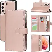 Cavor for Galaxy S21+ Case, Samsung Galaxy S21 Plus 5G Case[6.7 inch] PU Leather Folio Flip Cover Kickstand 2 in 1 Detachable Wallet Magnetic Case Zipper Coin Pocket 6 Card Slots-Rose