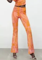 Zara Orange Patterned Jacquard Pull On Flare Retro Trousers Pants Sz L NWT