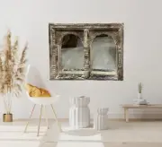 Vintage Arch White Wash Mirror Hand Carved Jharokha Wall Mirror Decor