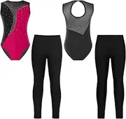 [iiniim] Kids Girls Athletic Dance Unitards Gymnastics Leotard 2Pcs Sports Outfits with Leggings Tracksuits Biketard