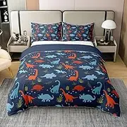 Children's Dinosaur 100% Cotton Duvet Cover 135 x 200, Cartoon Dino Bed Linen Set for Boys Girls, Dinosaur Bed Sets, Cute Dinos Duvet Cover with 1 Pillowcase Zip Ties, No Comforter