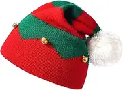 [IZUS] Christmas Elf Beanie Hats for Women-Men - Adult Xmas Warm Knit Hat Winter White Pom-Pom Party-Headwear Free-Size