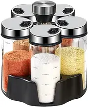 TINMIX Revolving Spice Rack Organizer, Rotating Seasoning Holder Shelf with 5 Large 200ml Glass Jars for Kitchen Countertop Cabinet