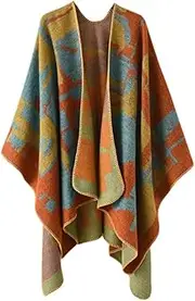 [Ieron] Women Irregular Geometric Capes Lattice Printed Pattern Shawl Women Knit Poncho Oversized Shawl Wrap Open Front Retro Scarf Coat for Winter 130x150cm Orange+Blue