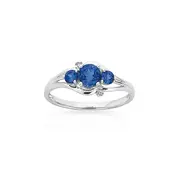 9ct White Gold Created Ceylon Sapphire & Diamond Trilogy Ring in Blue