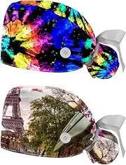[WOSHJIUK] Working Hat 2 Pack Scrub Caps for Women,Tiedye Watercolor Swirls,Tie Back Cap Adjustable Scrub Hat