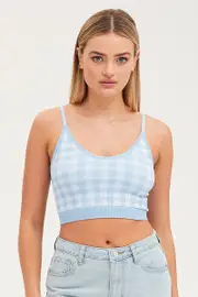 Blue Check Singlet Crop Top Seamless - Size M, Women's Bralette